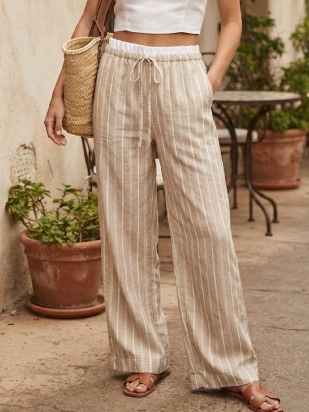 Rewash Beige White Striped Linen-Blend Wide Leg Lounge Pants Boho Quite Luxury M